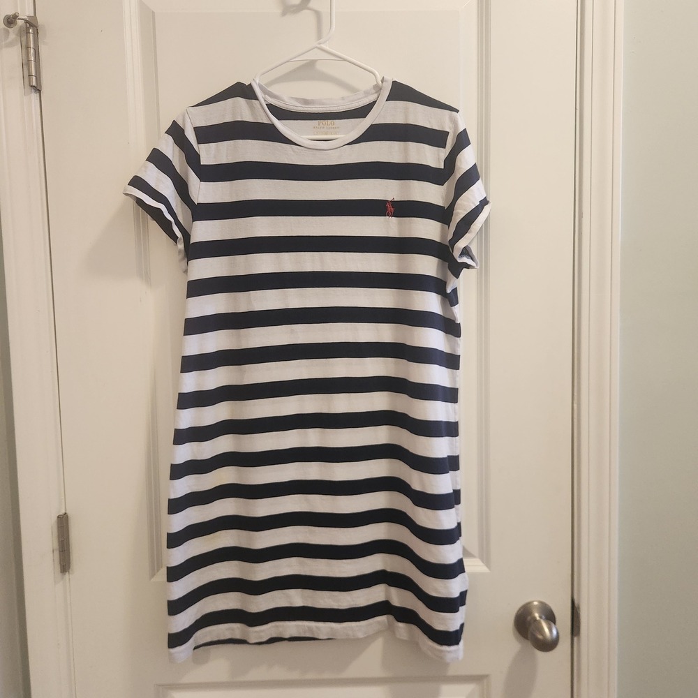 Polo Ralph Lauren Striped T-Shirt Dress Navy White Cotton Pony Logo Small